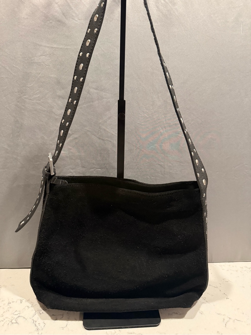 Black Suede Shoulder Bag with Decorative Strap